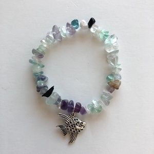 NWOT Mixed gemstone bracelet blue green with silver fish charm - beach jewelry